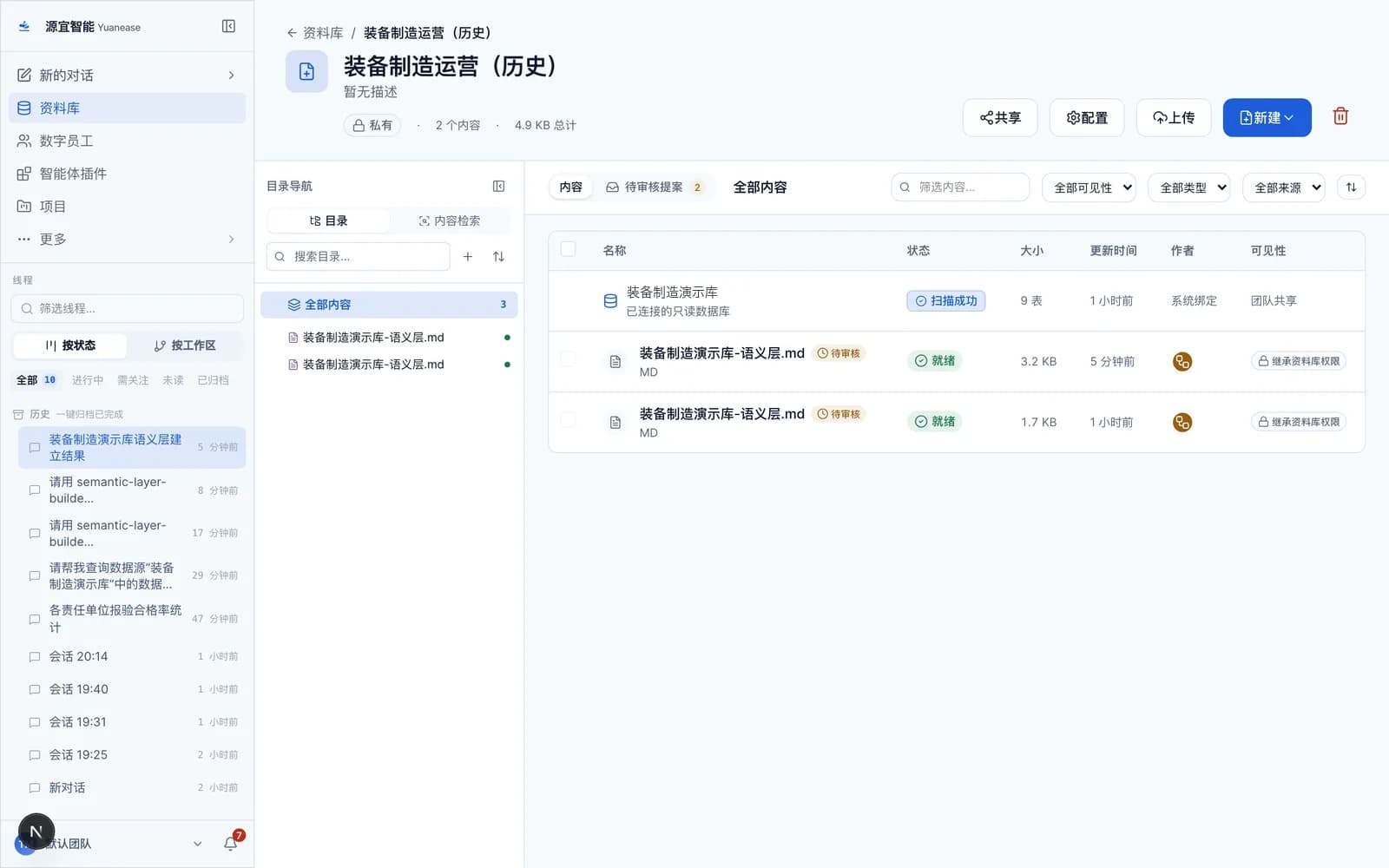 资料库内容列表中新增的语义层文件,状态标注为待审核,作者为数字员工