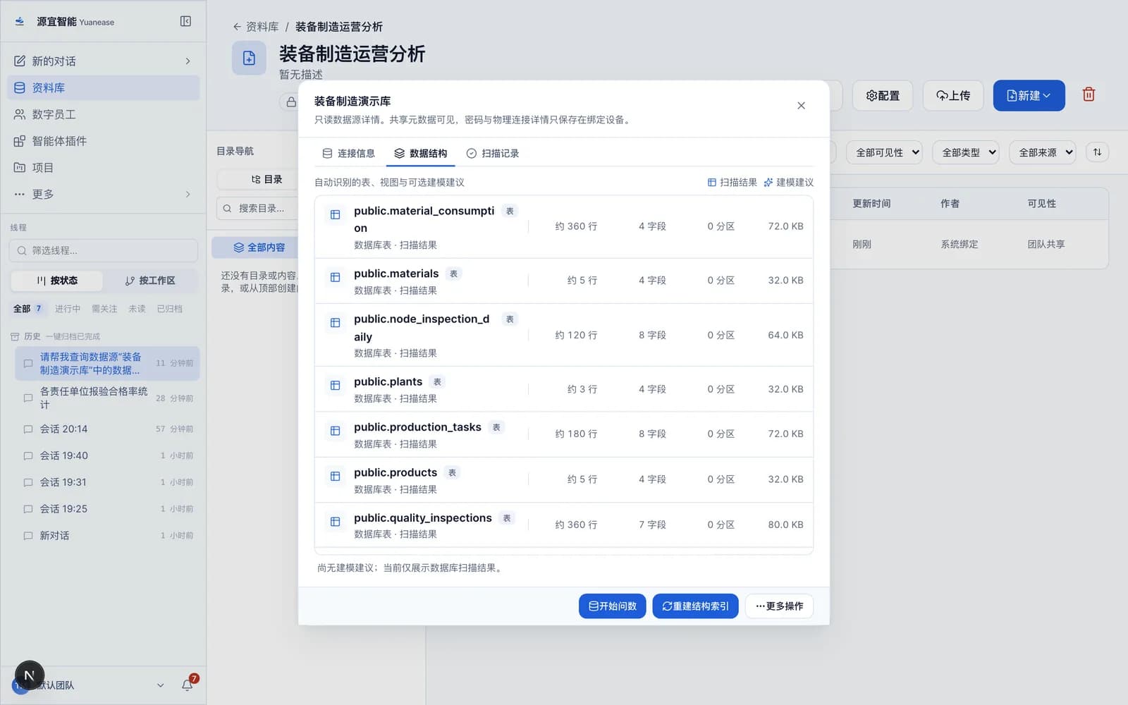 数据源详情中的数据结构页签,逐张列出识别到的表、字段数量、行数估算与占用空间