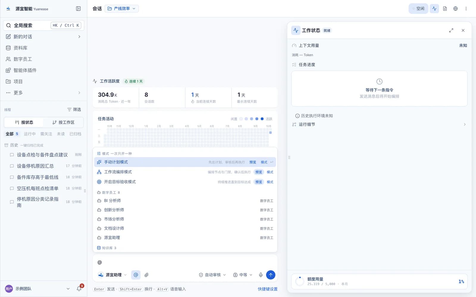输入框中键入「@」后展开的命令列表,其中包含模式分组。